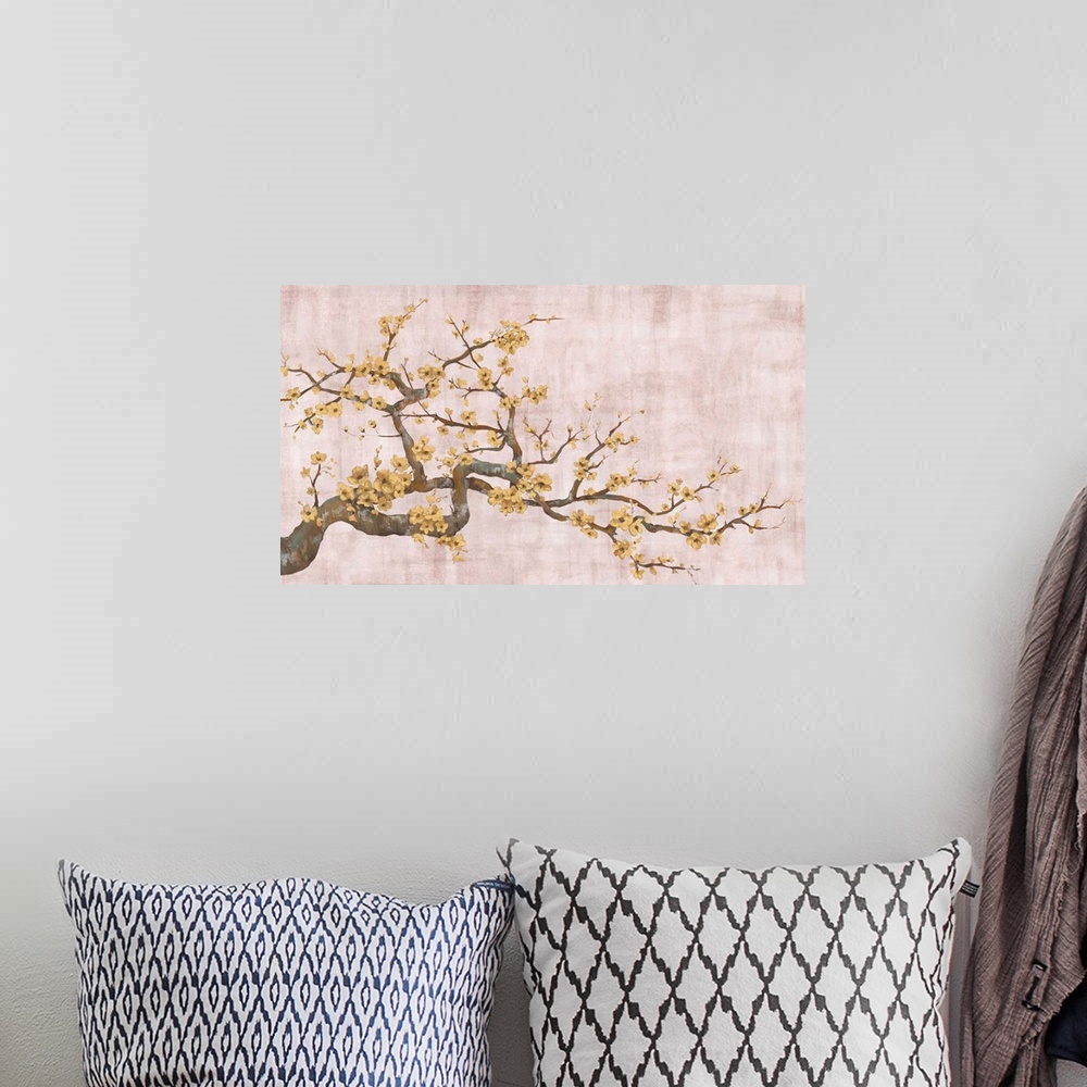 A bohemian room featuring Contemporary artwork of a tree branch with gold blossoms on a background created with shades of p...