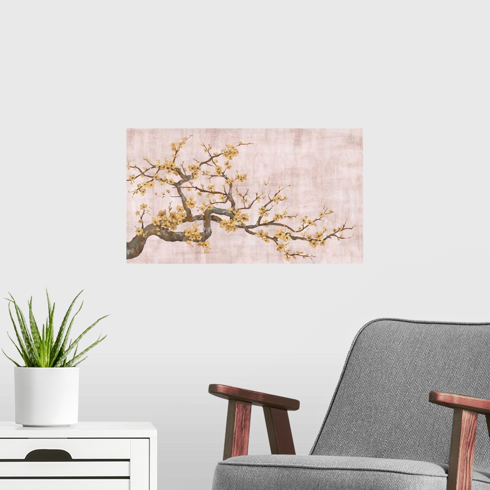 A modern room featuring Contemporary artwork of a tree branch with gold blossoms on a background created with shades of p...
