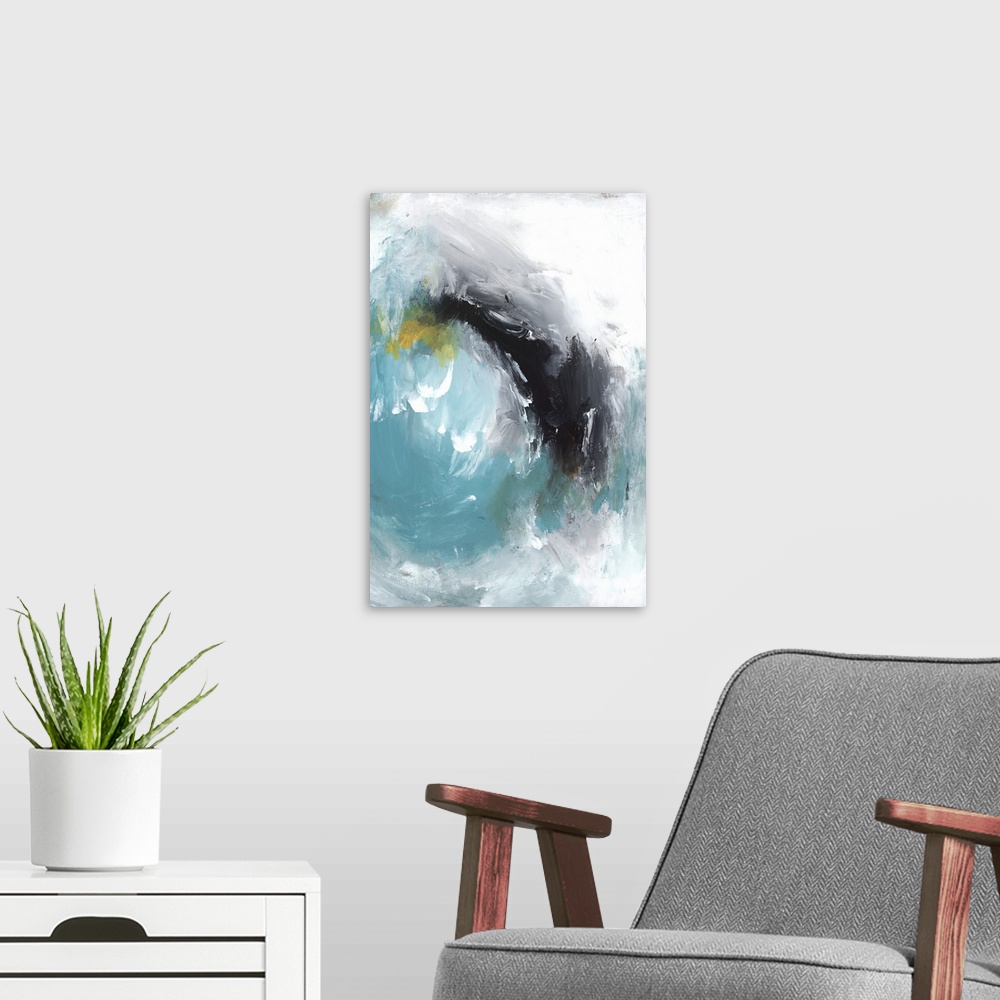 A modern room featuring A vertical abstract of an ocean wave.