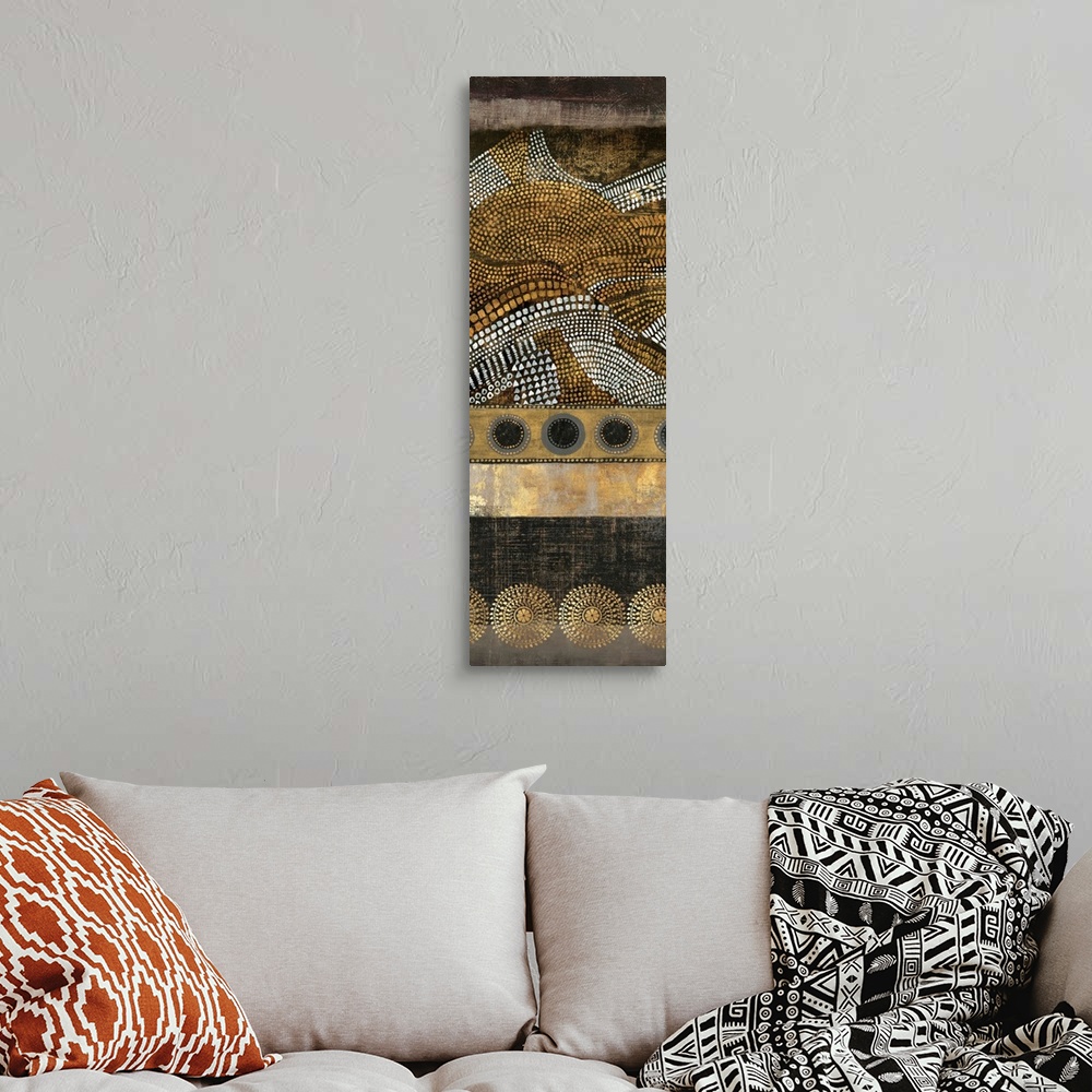 A bohemian room featuring Abstract vertical artwork in golden tones with art nouveau style patterns.