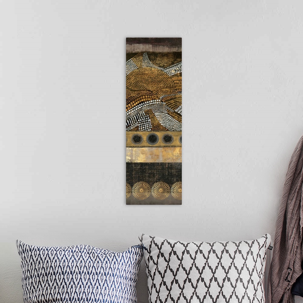 A bohemian room featuring Abstract vertical artwork in golden tones with art nouveau style patterns.