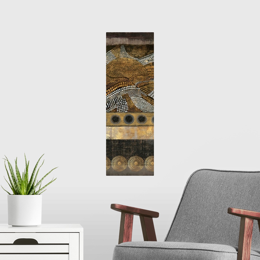 A modern room featuring Abstract vertical artwork in golden tones with art nouveau style patterns.