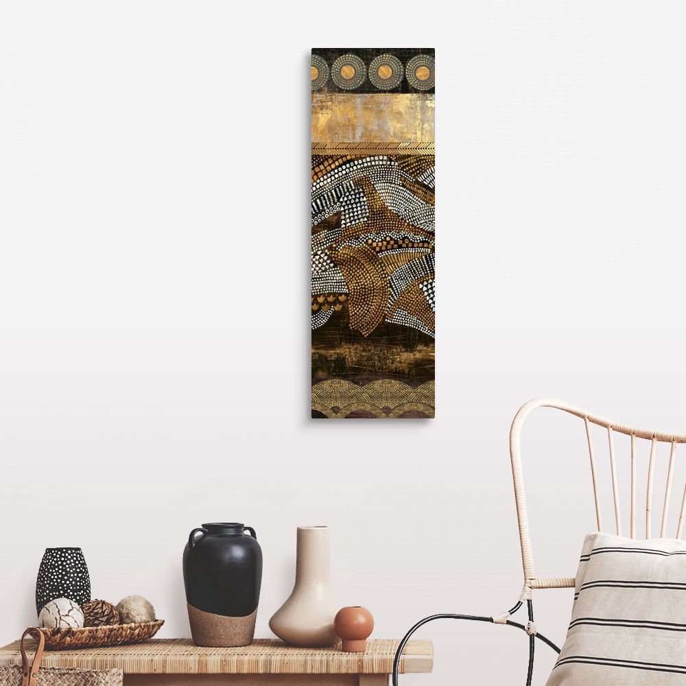 A farmhouse room featuring Abstract vertical artwork in golden tones with art nouveau style patterns.