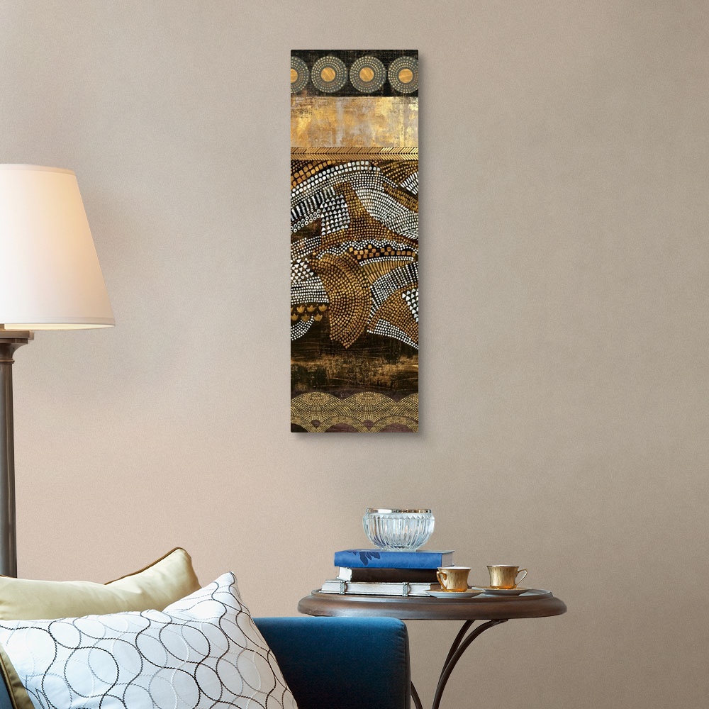 A traditional room featuring Abstract vertical artwork in golden tones with art nouveau style patterns.