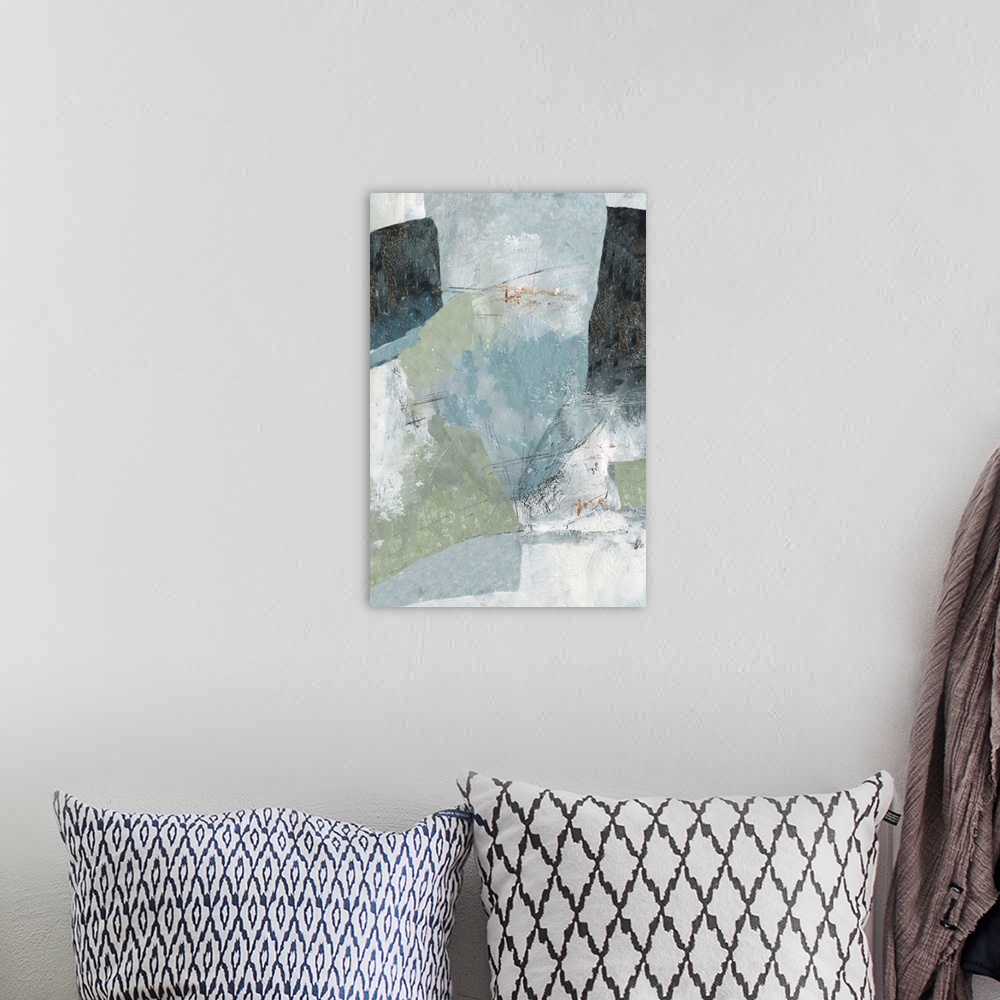 A bohemian room featuring Vertical abstract painting in muted colors of blue, green and gray.