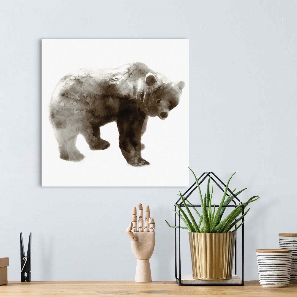 A bohemian room featuring Watercolor painting of a grizzly bear in brown tones.