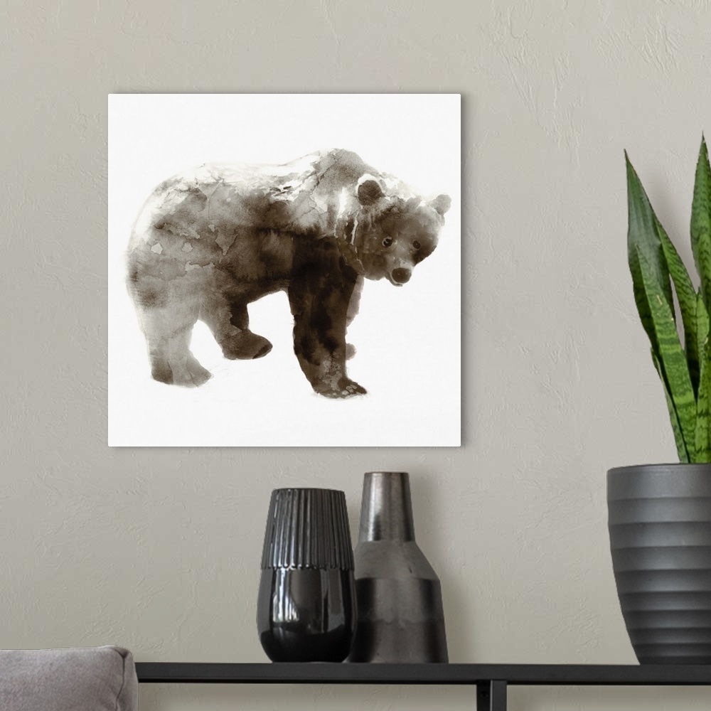 A modern room featuring Watercolor painting of a grizzly bear in brown tones.
