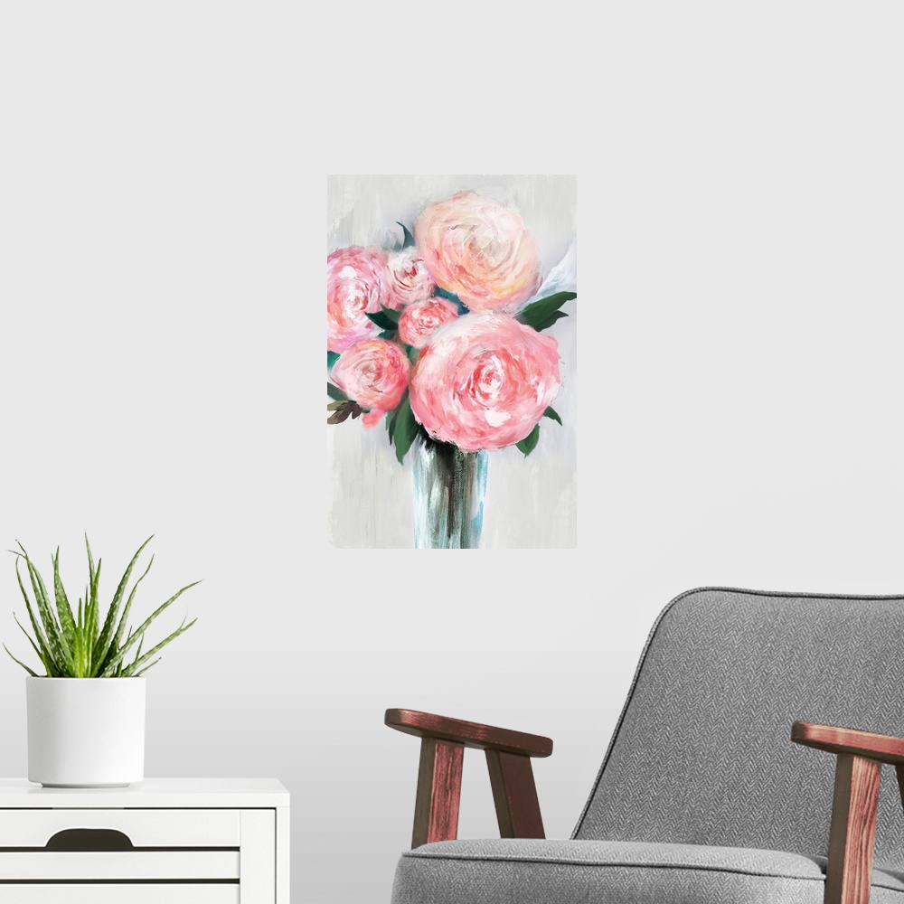 A modern room featuring Vertical painting of a bouquet of pink flowers in a vase.