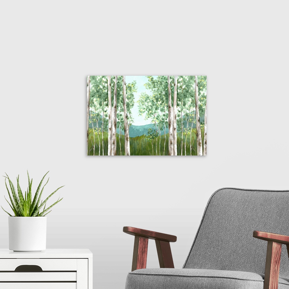 A modern room featuring Contemporary painting of rows of trees with textured leaves in colors of green and yellow with mo...
