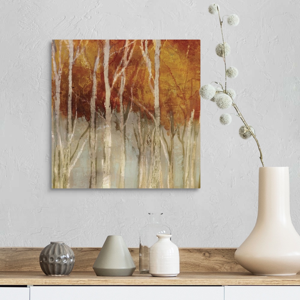 A farmhouse room featuring Contemporary home decor artwork of a forest in autumn foliage.