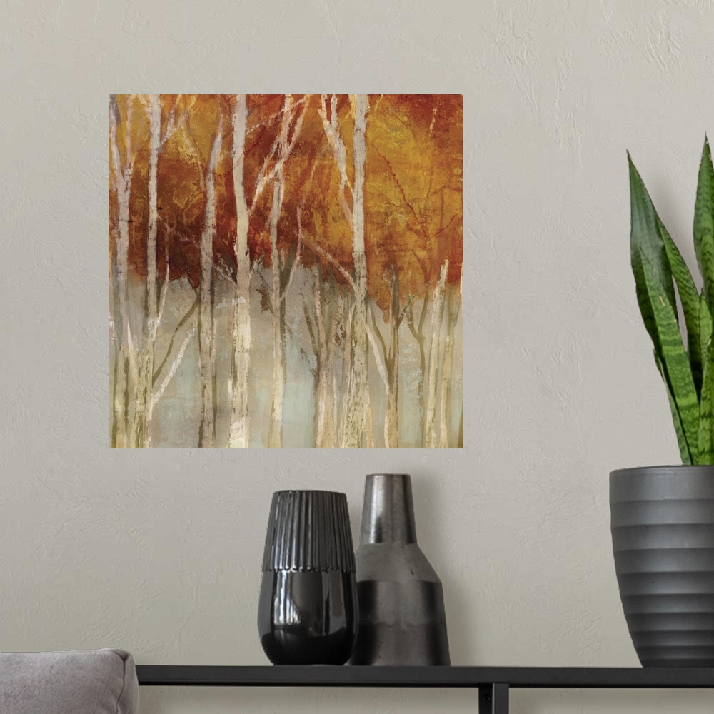 A modern room featuring Contemporary home decor artwork of a forest in autumn foliage.