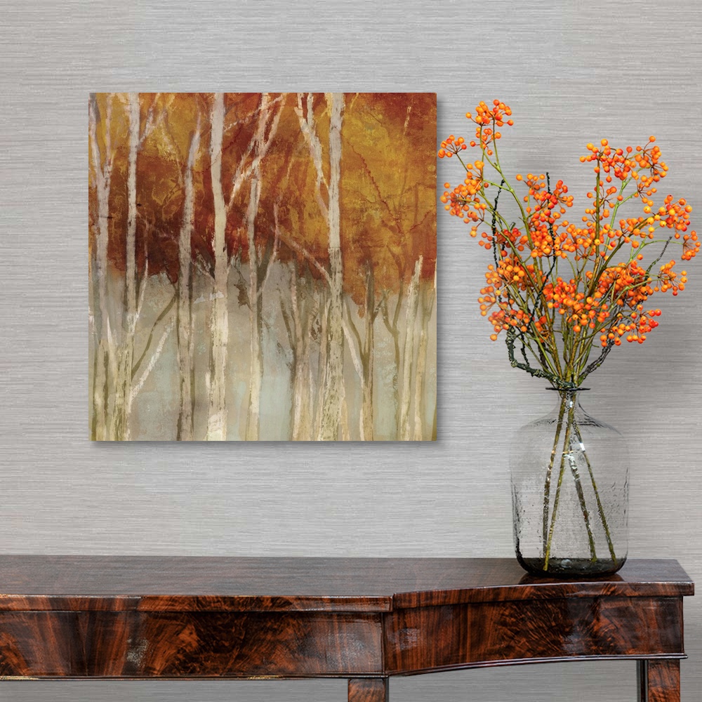 A traditional room featuring Contemporary home decor artwork of a forest in autumn foliage.