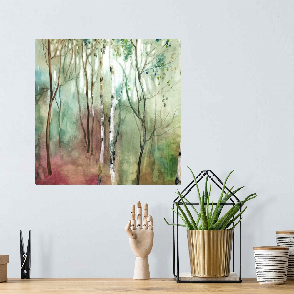 A bohemian room featuring Square painting of Birch trees in a forest with red, blue, green, white, and brown hues.