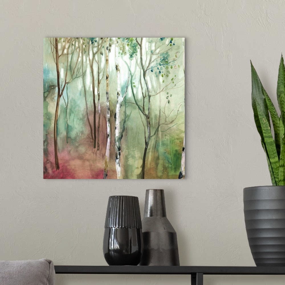 A modern room featuring Square painting of Birch trees in a forest with red, blue, green, white, and brown hues.
