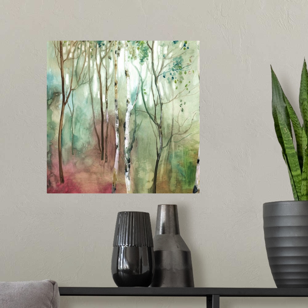 A modern room featuring Square painting of Birch trees in a forest with red, blue, green, white, and brown hues.