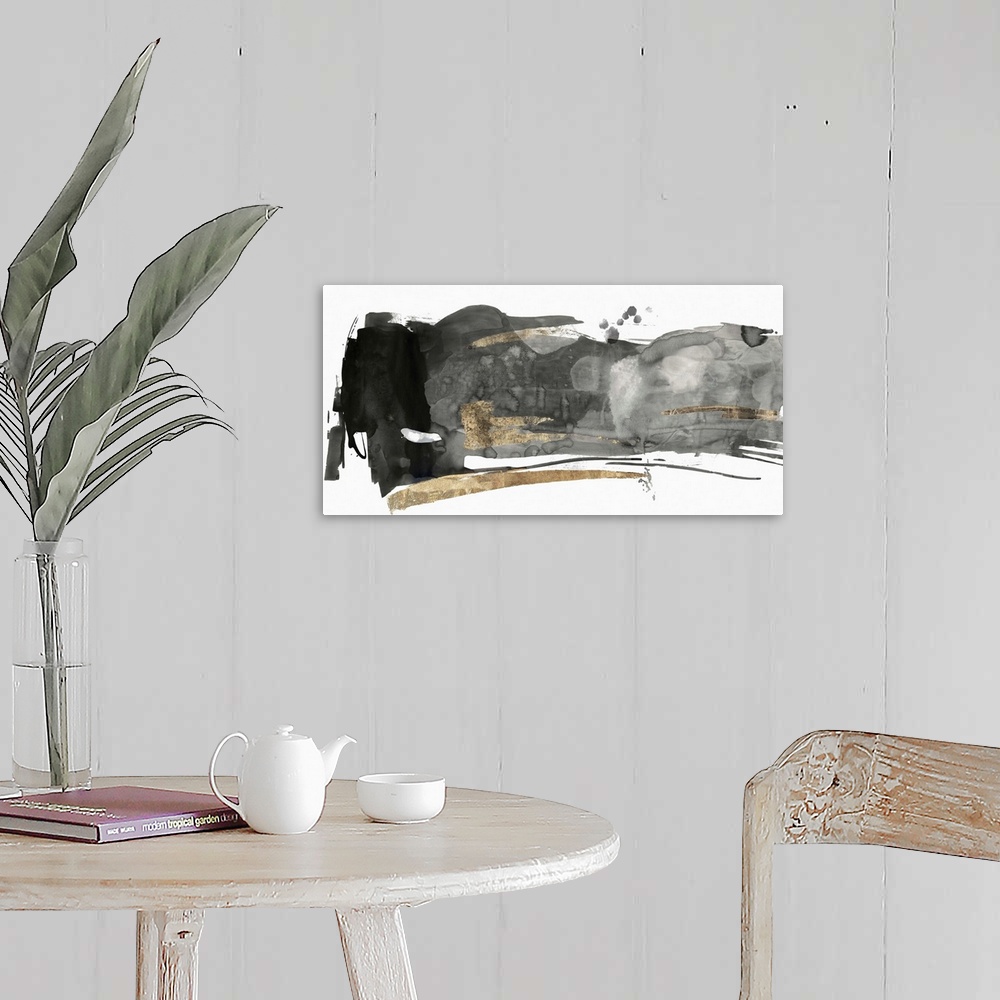 A farmhouse room featuring Black and grey abstract artwork with golden streaks.