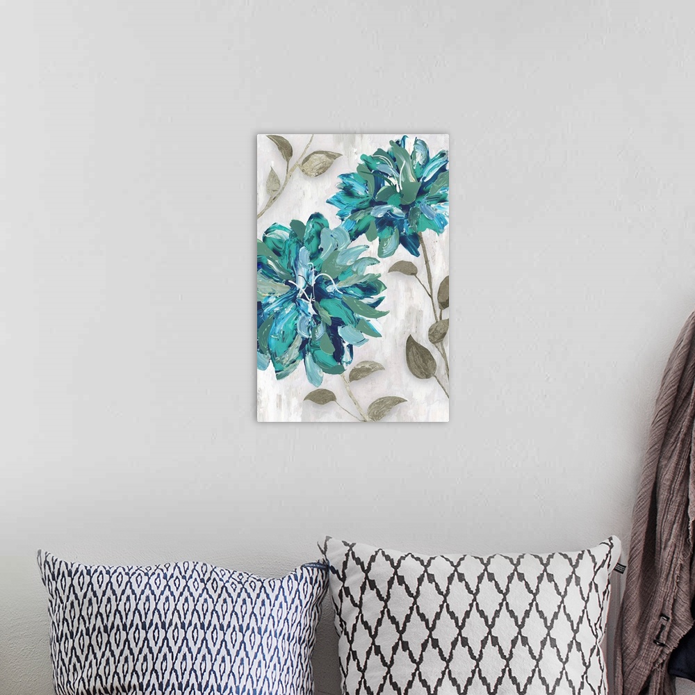 A bohemian room featuring Contemporary artwork of teal flowers in full bloom.