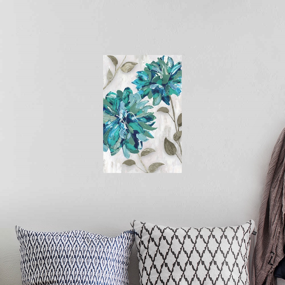 A bohemian room featuring Contemporary artwork of teal flowers in full bloom.