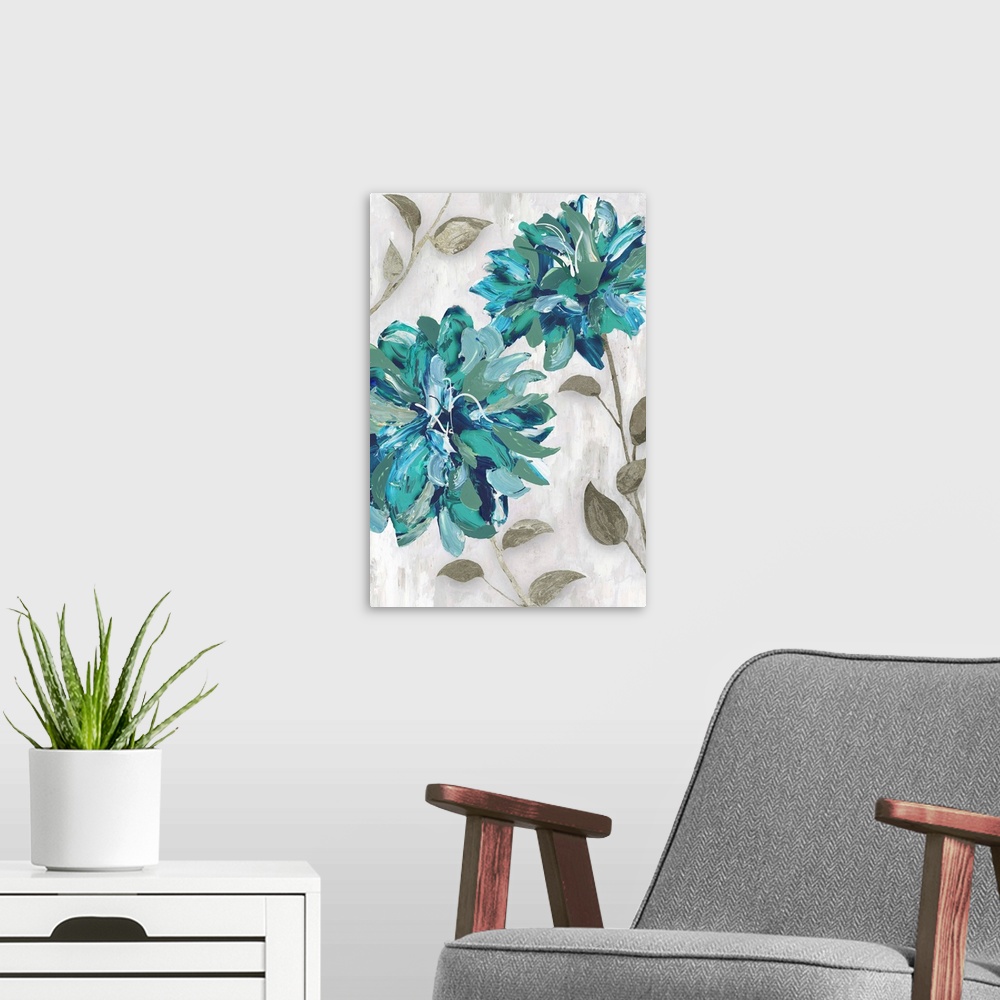 A modern room featuring Contemporary artwork of teal flowers in full bloom.