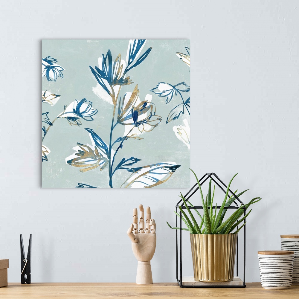 A bohemian room featuring Watercolor flowers painted in various blue tones.