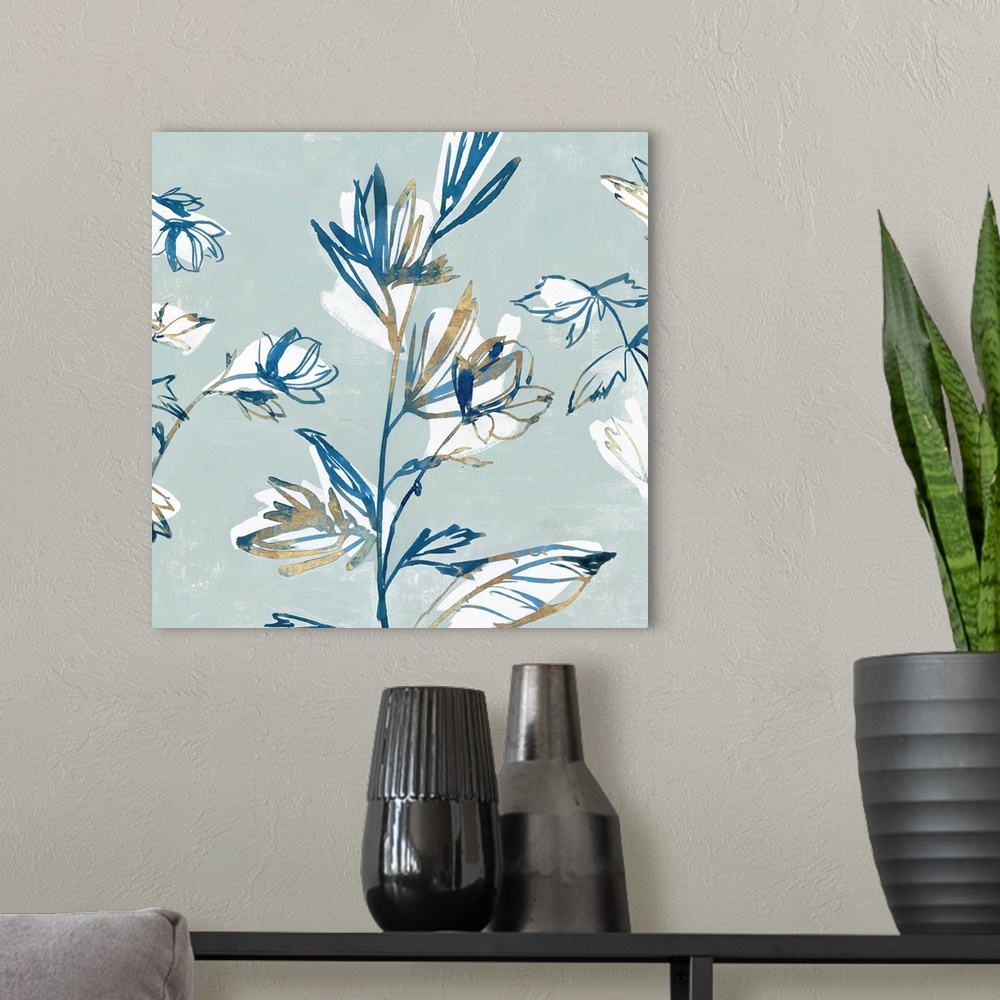 A modern room featuring Watercolor flowers painted in various blue tones.