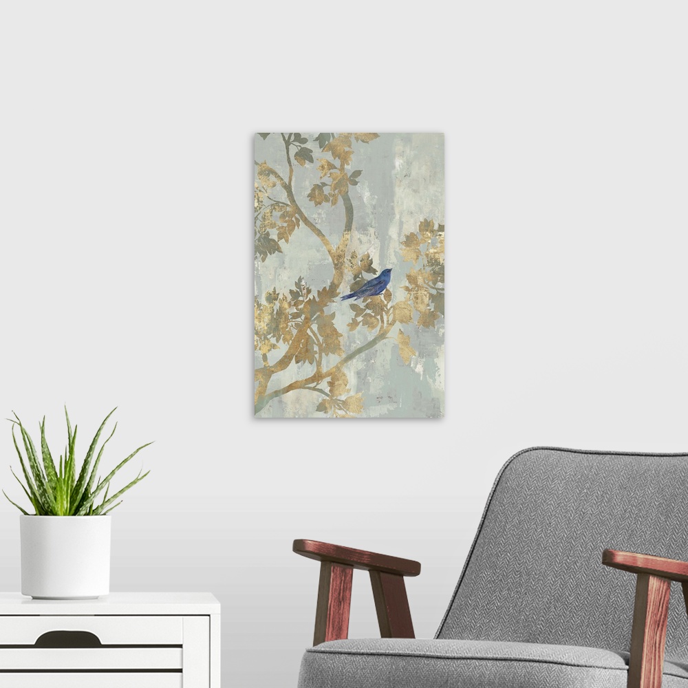 A modern room featuring A small blue bird perched on golden branches.