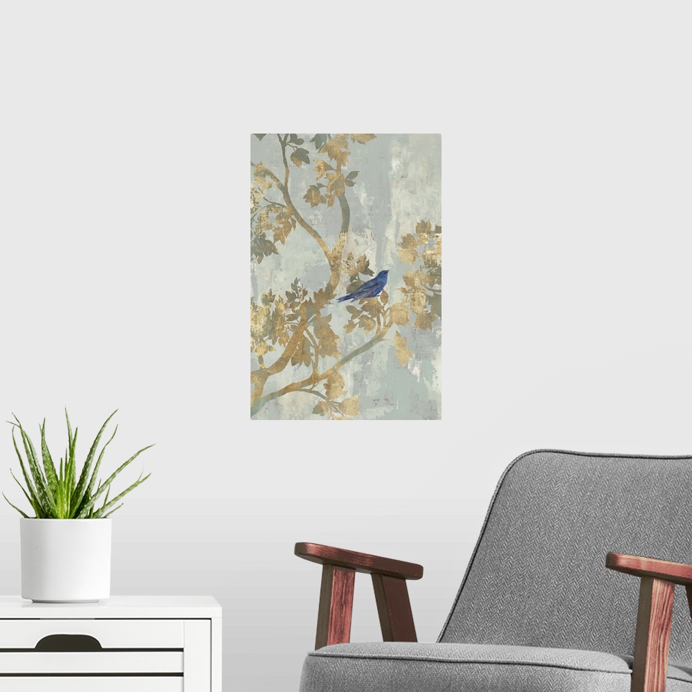 A modern room featuring A small blue bird perched on golden branches.