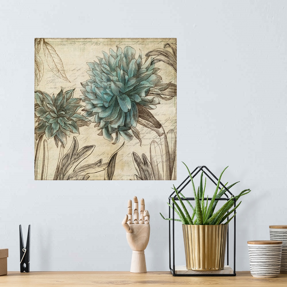 A bohemian room featuring Contemporary home decor art of blue flowers against a weathered vintage background.