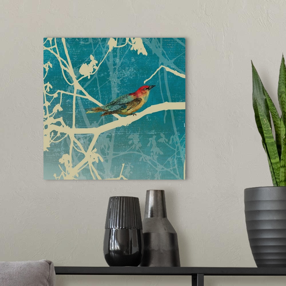 A modern room featuring Contemporary home decor art of a bird perched on a silhouetted branch against a faded blue backgr...