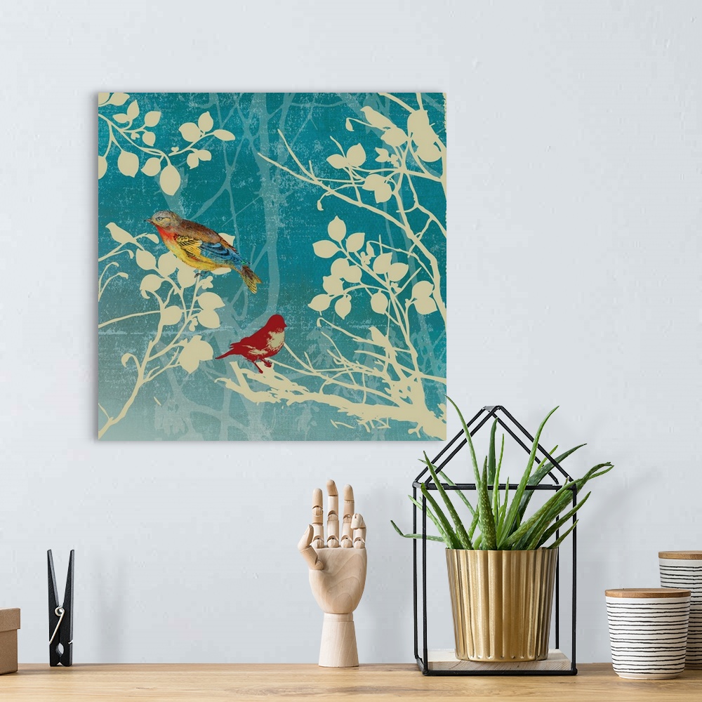 A bohemian room featuring Contemporary home decor art of  two birds perched on a silhouetted branch against a faded blue ba...