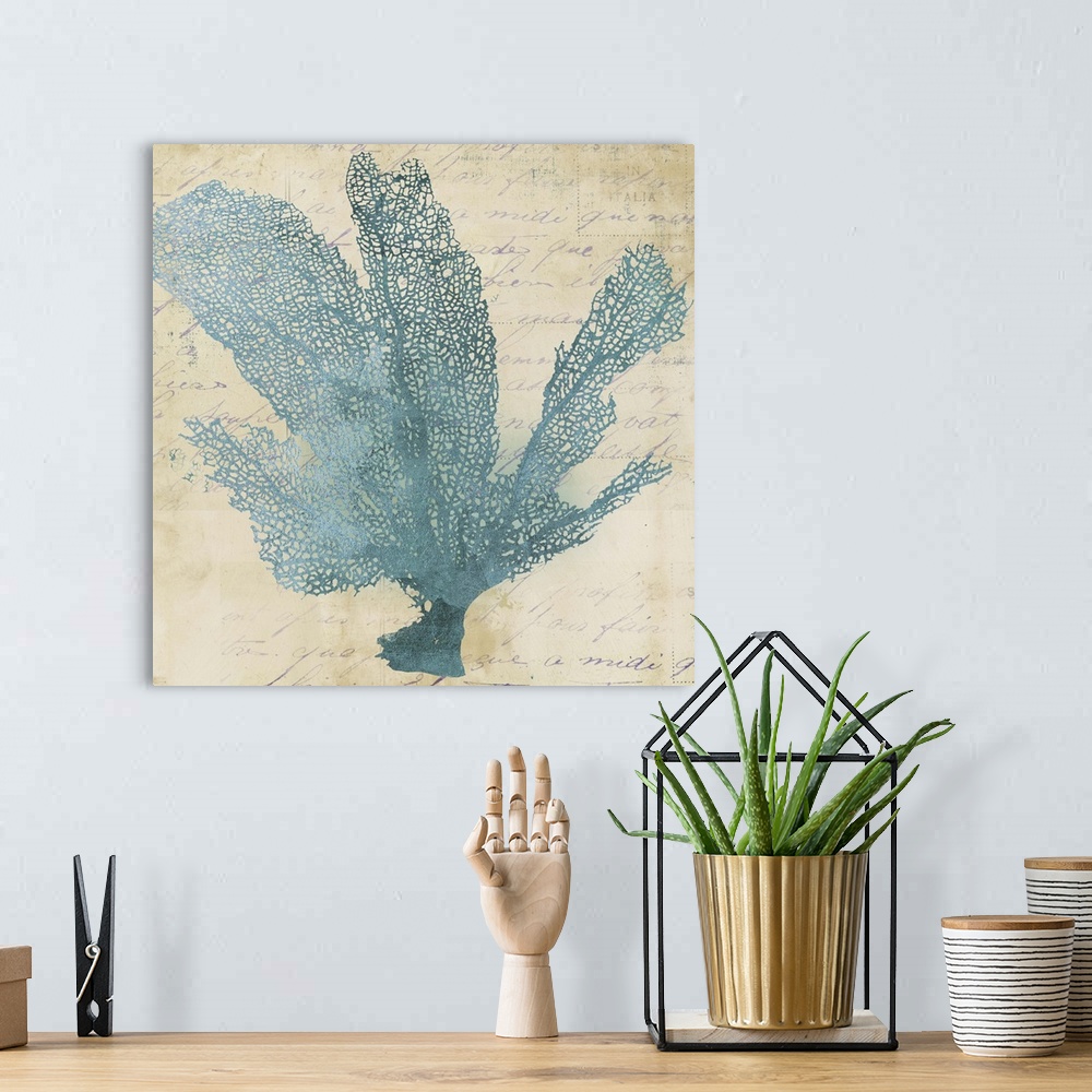 A bohemian room featuring Contemporary home decor art of blue fan coral against a weathered vintage background.