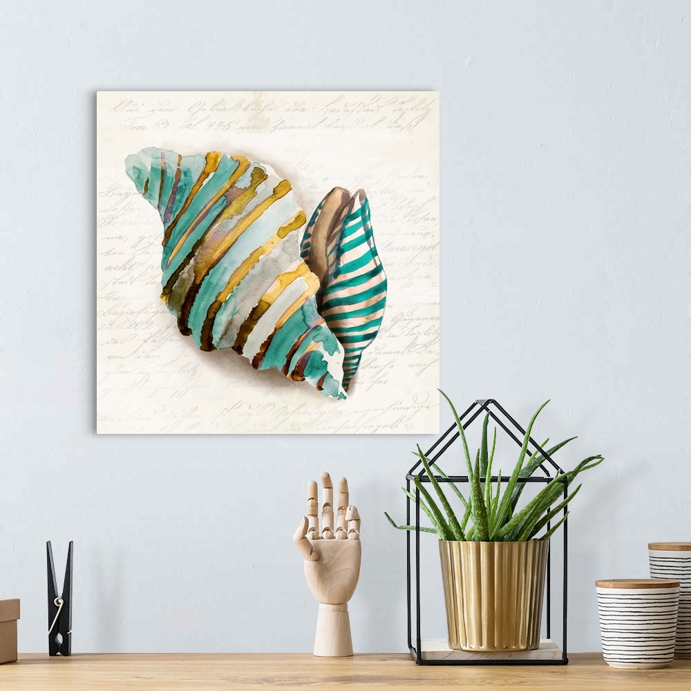 A bohemian room featuring Watercolor painting of a seashell in blue and brown.