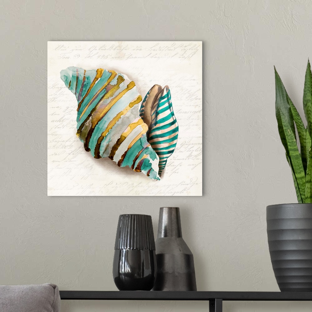 A modern room featuring Watercolor painting of a seashell in blue and brown.