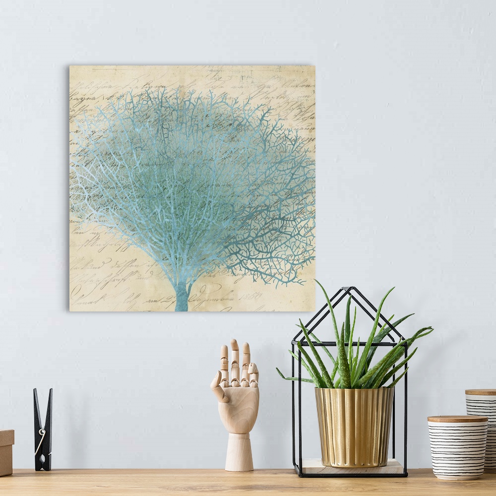 A bohemian room featuring Contemporary home decor art of blue fan coral against a weathered vintage background.
