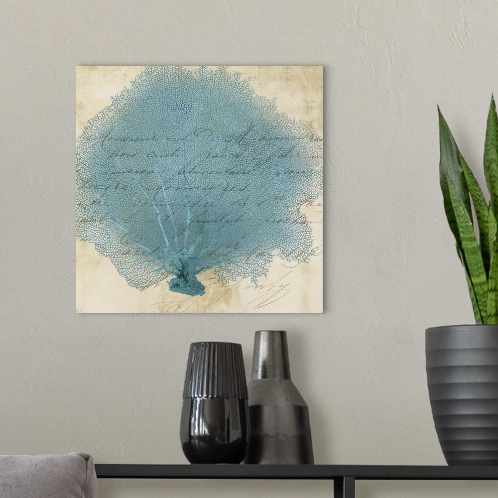 A modern room featuring Contemporary home decor art of blue fan coral against a weathered vintage background.