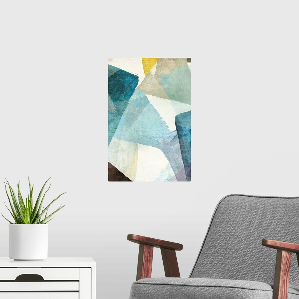 A modern room featuring Abstract artwork of overlapping shapes in blue and yellow tones.