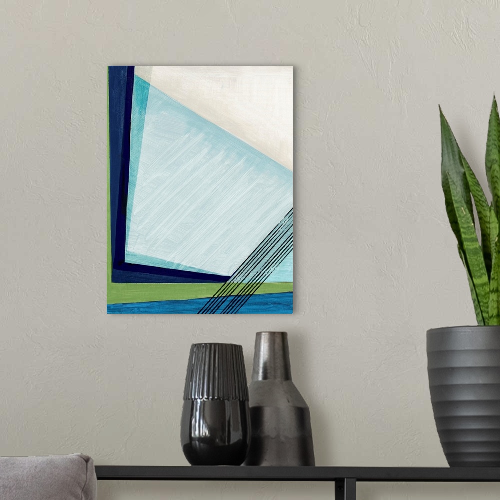 A modern room featuring A bold contemporary abstract of angular blue shapes accented with diagonal black lines