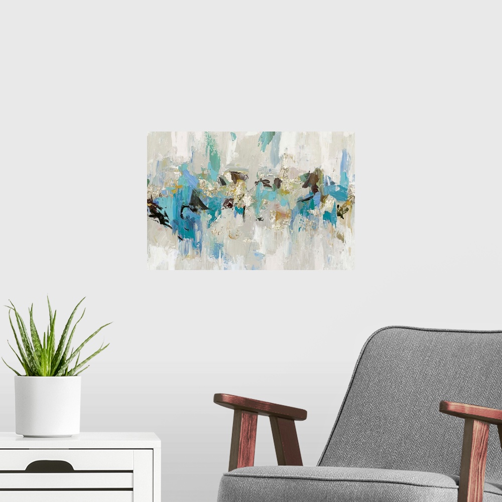 A modern room featuring Large abstract artwork made with shades of blue, gray, brown, and gold.