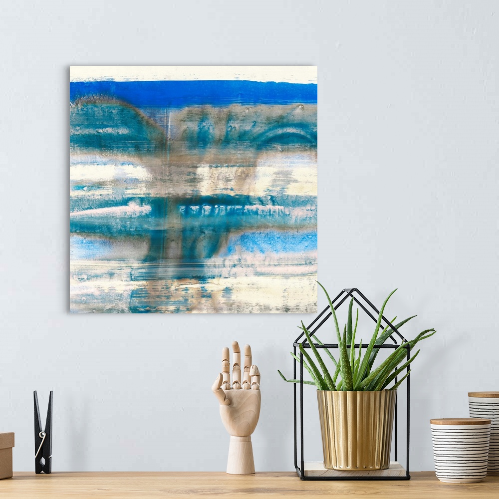 A bohemian room featuring Contemporary abstract home decor artwork using blue and cream tones.