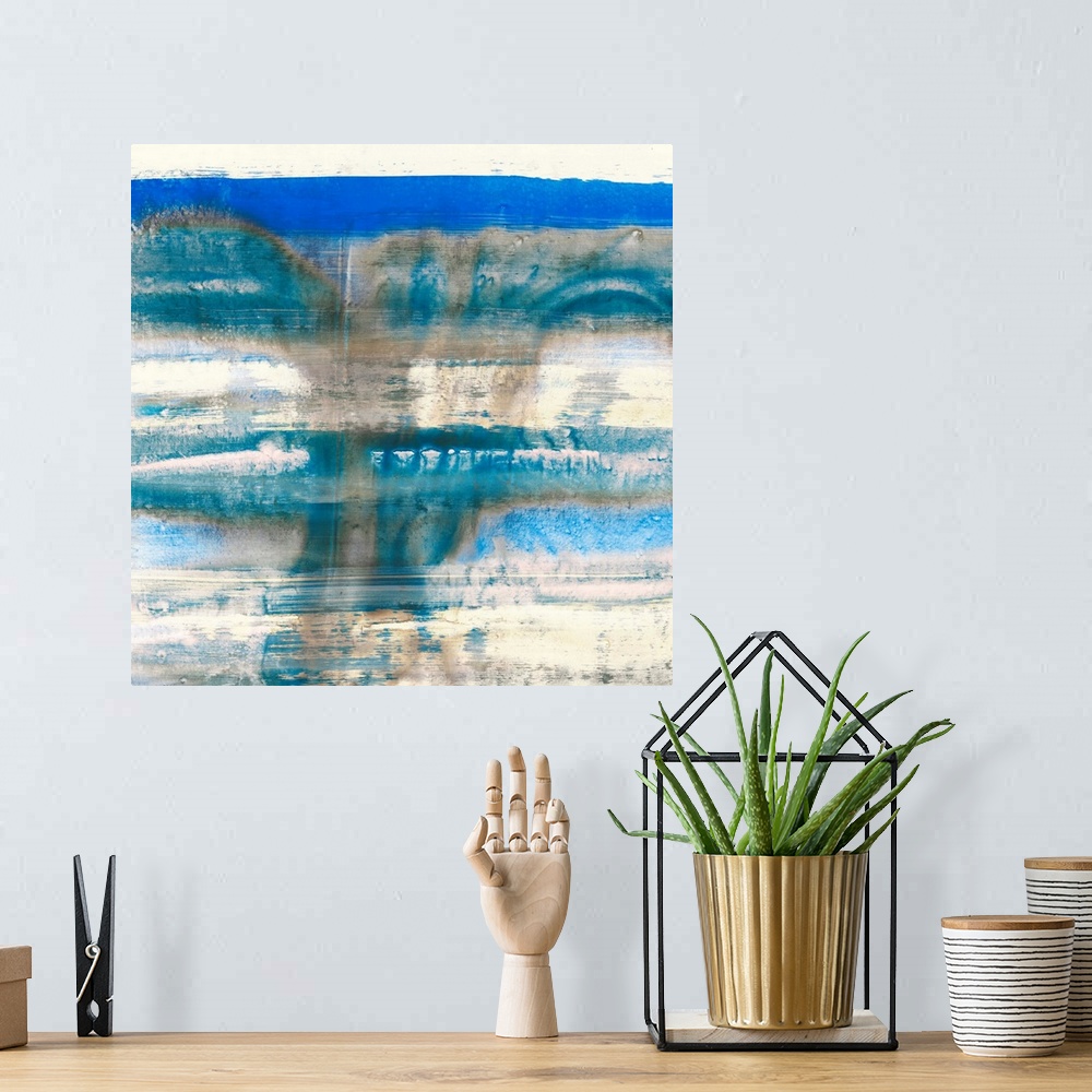 A bohemian room featuring Contemporary abstract home decor artwork using blue and cream tones.