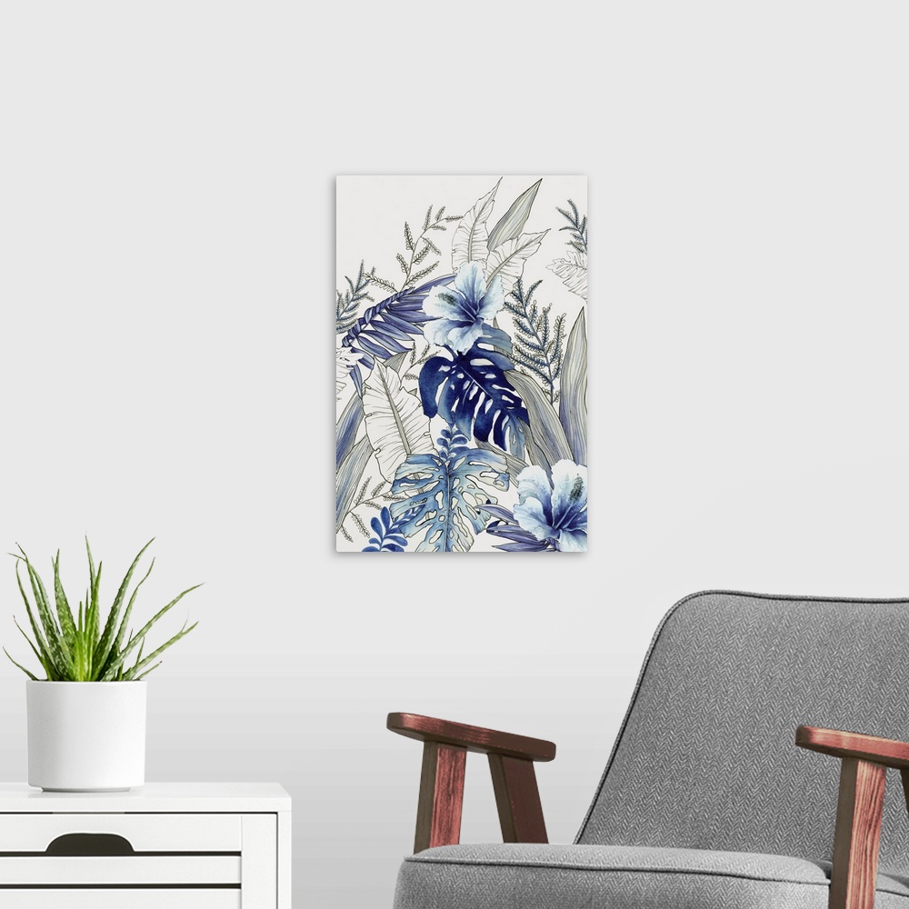 A modern room featuring Blue Tropical Forest I