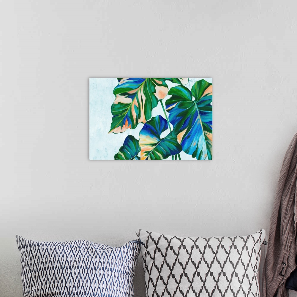 A bohemian room featuring Blue Tropical Leaves I