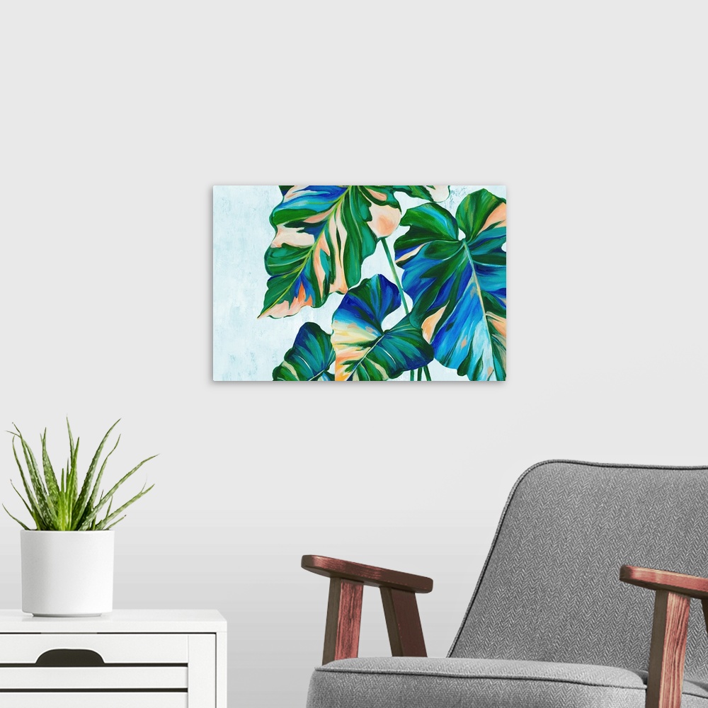 A modern room featuring Blue Tropical Leaves I