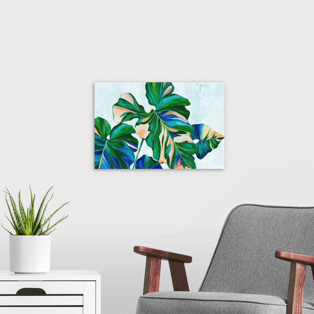 A modern room featuring Blue Tropical Leaves II