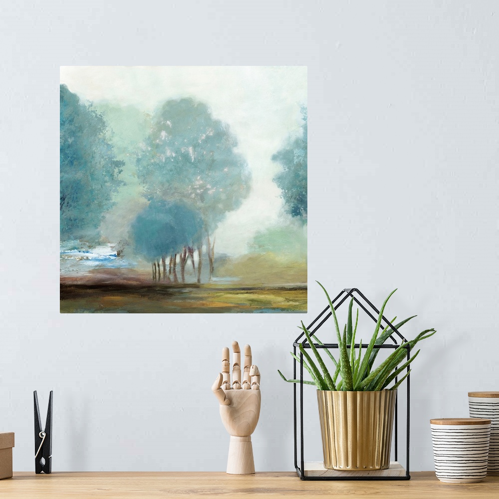 A bohemian room featuring Contemporary painting of a misty grove of trees in the countryside.