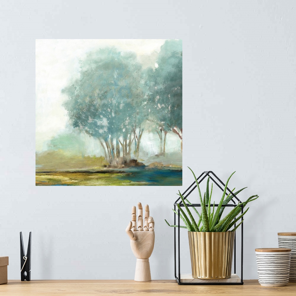 A bohemian room featuring Contemporary painting of a misty grove of trees in the countryside.