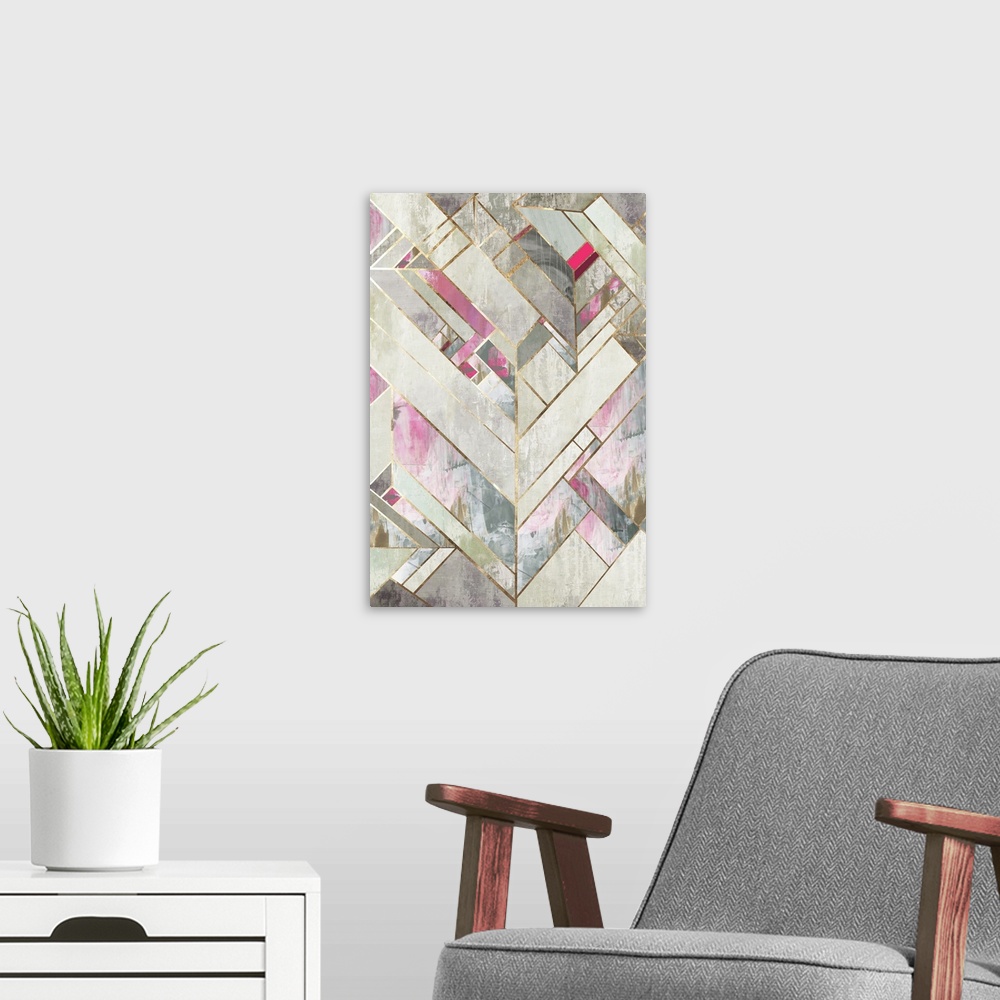 A modern room featuring An art deco design of neutral colors with accents of pastel colors in geometric shapes.