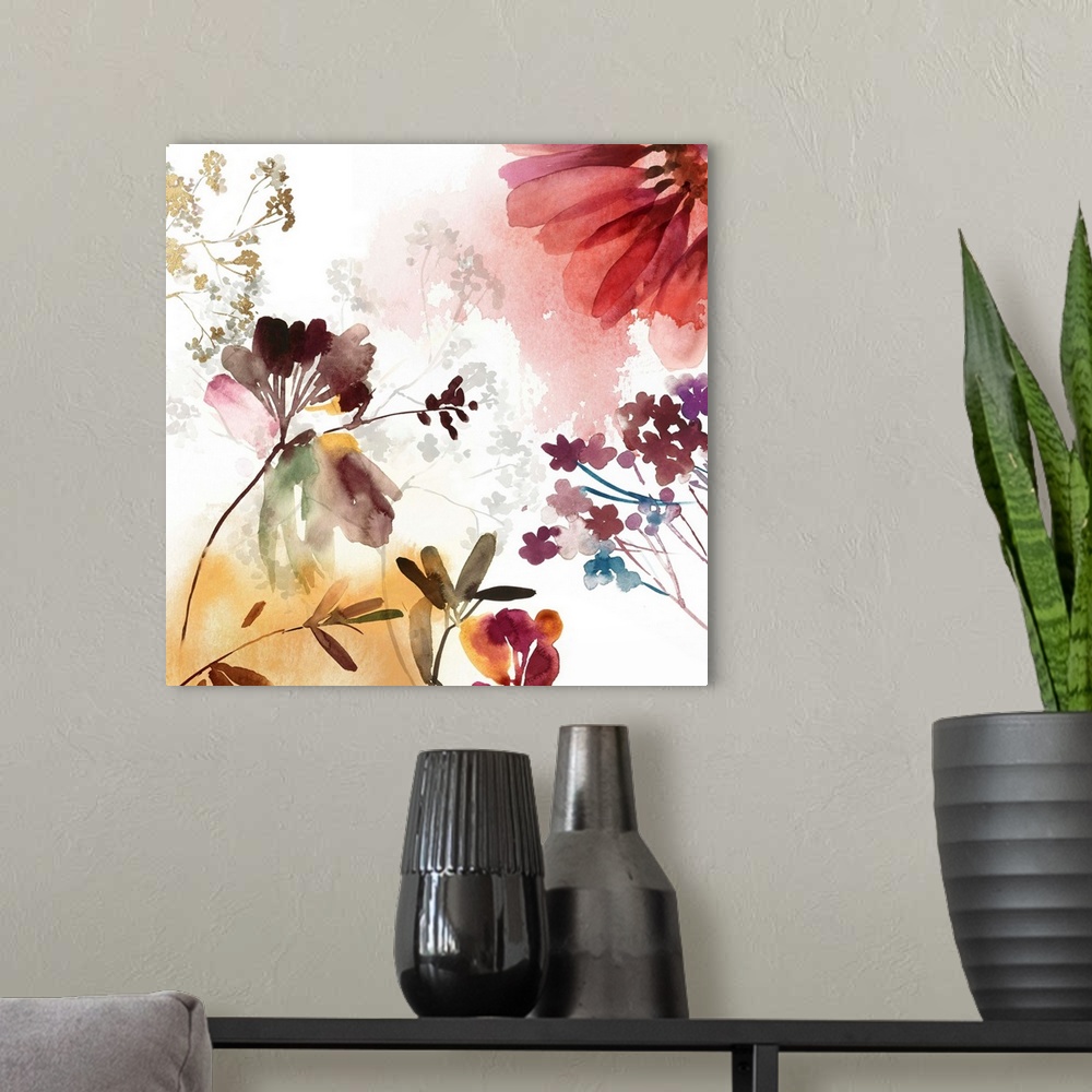 A modern room featuring Watercolor artwork of flowers in bloom in soft shades.