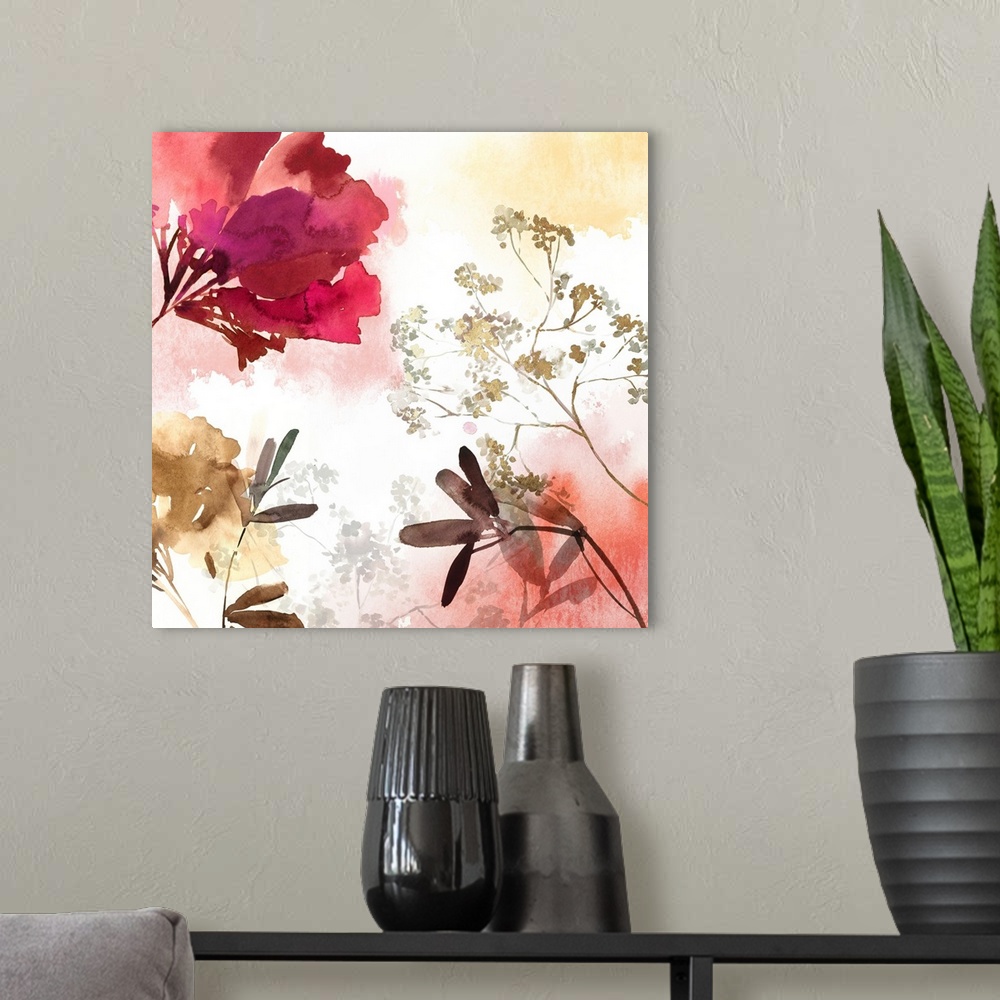 A modern room featuring Watercolor artwork of flowers in bloom in soft shades.