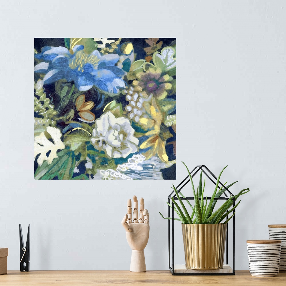 A bohemian room featuring Contemporary painting of a bouquet of flowers in cool tones.
